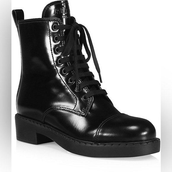 Prada Shoes - PRADA Spazzolato Brushed Leather Lace-Up Inside Zipper Combat Boots 40 Black NWT